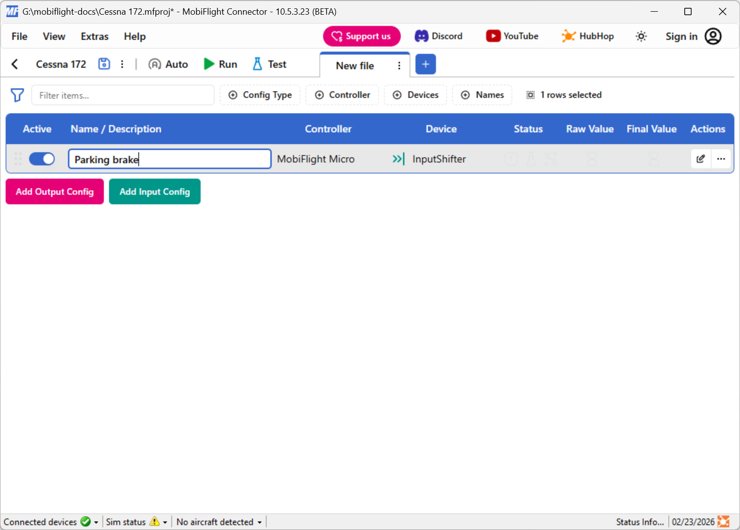 Screenshot of the main window with Parking brake entered as a custom name.