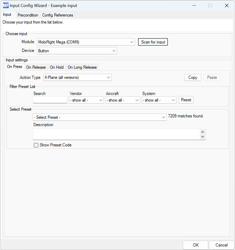 Screenshot of a button input with the X-Plane (all versions) action type selected.