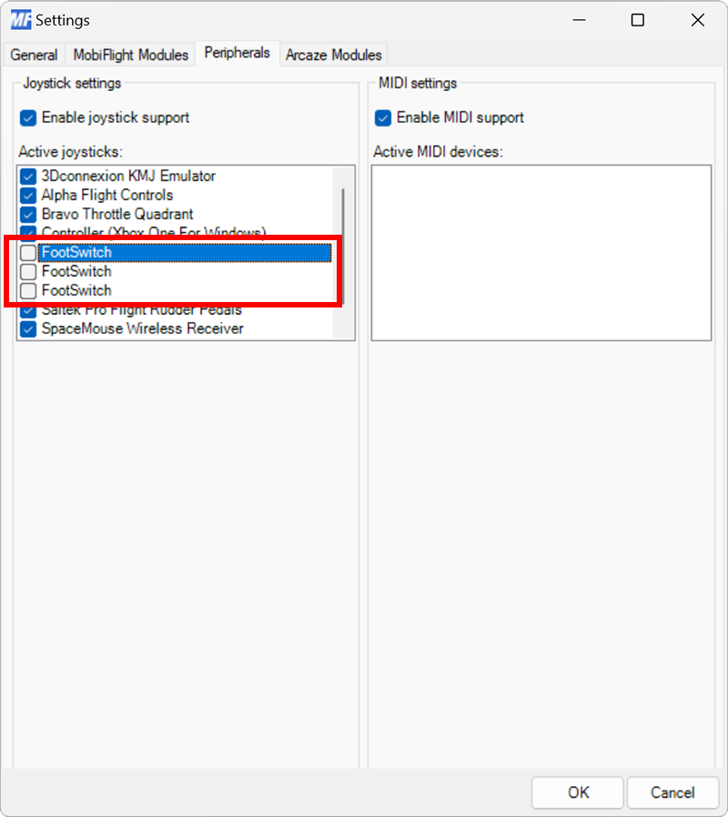 Screenshot of the Peripherals tab in Settings with three FootSwitch game controllers disabled.