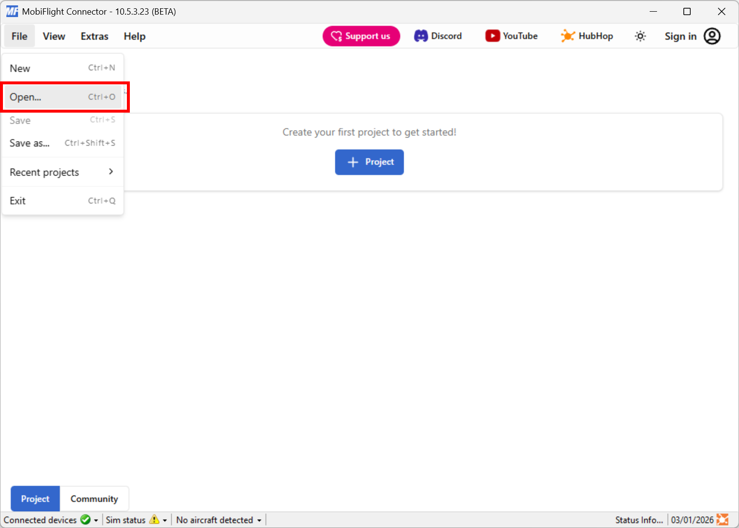 Screenshot of the MobiFlight main window with the File menu open and the Open...menu item highlighted.